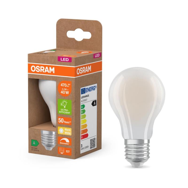 OSRAM E27 LED Lampe Classic matt dimmbar 2,2W wie 40W warmweißes Licht 2700K - Energy efficiency class A